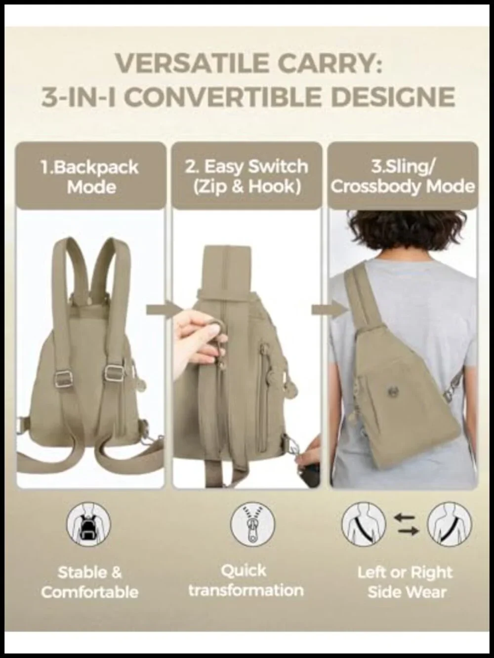 Convertible Sling Backpack Crossbody Anti Theft Lightweight Water Resistant